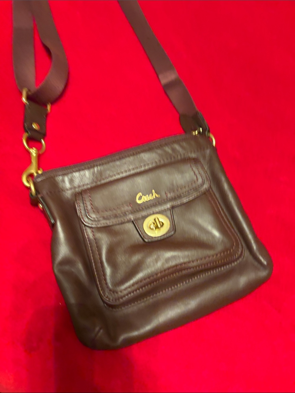 Coach Dark Brown Leather Crossbody with Gold-Tone Turnlock